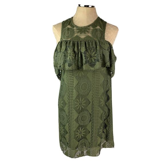 Small Miami Olive Green Lace Stretch Cold Shoulder Dress Zipper Back Short - Picture 1 of 7